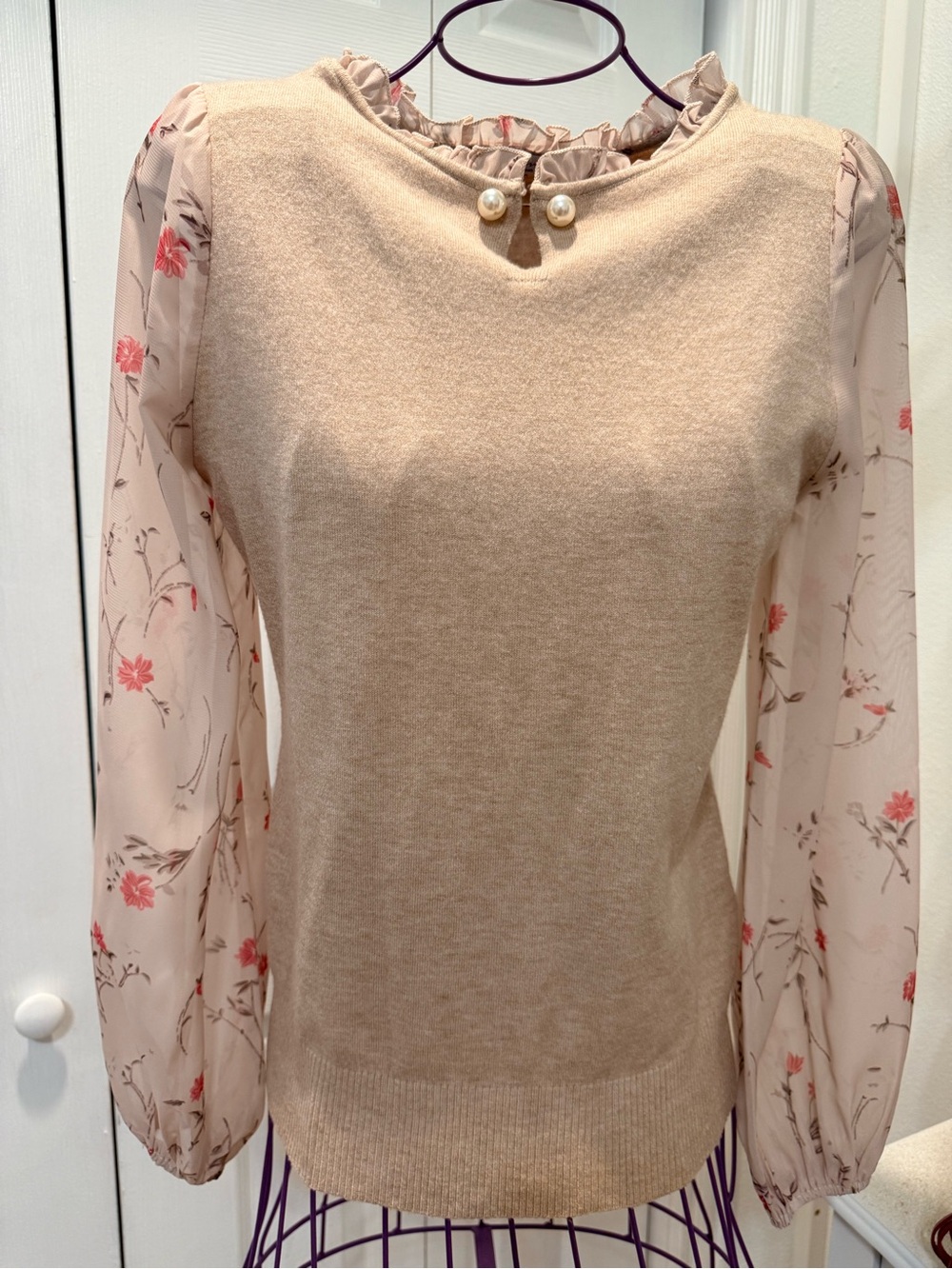 Sioni Beige Knit Top with Pale Pink Floral Accents
